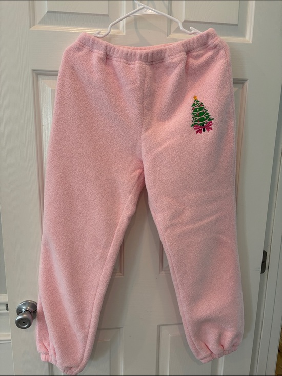 Pants - Pink Fleece Bottoms with Christmas Tree Embroidery-Firm